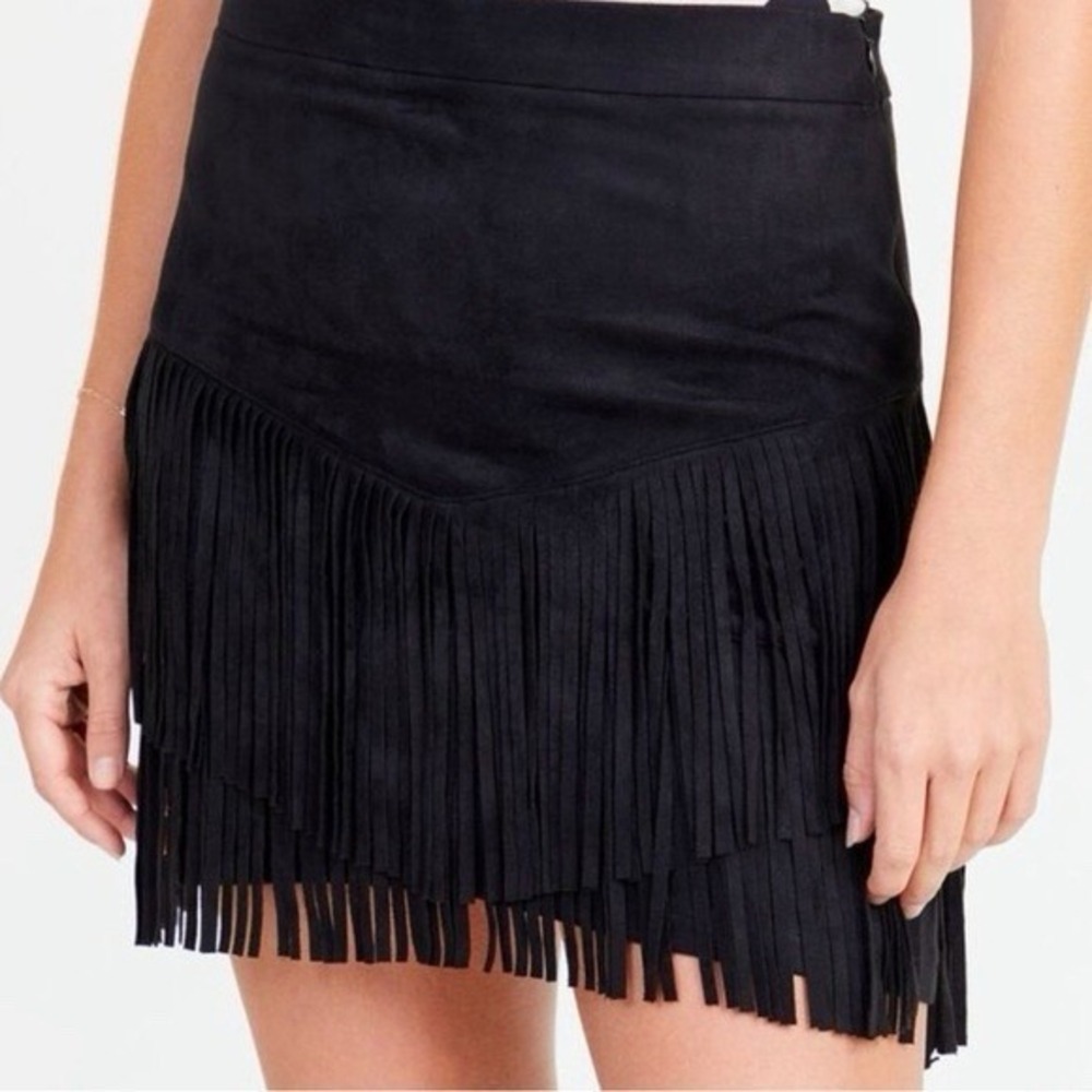 Alter'd State Black Faux Suede Mini Skirt Fringe Festival Western Sz Med 29"